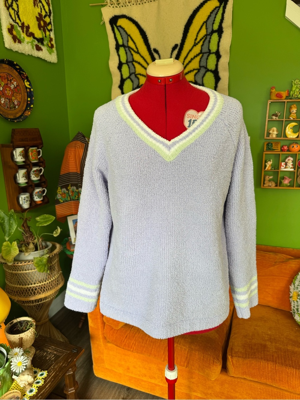 90s Jessica Lavender V-Neck Sweater with Green and White Stripe Trim